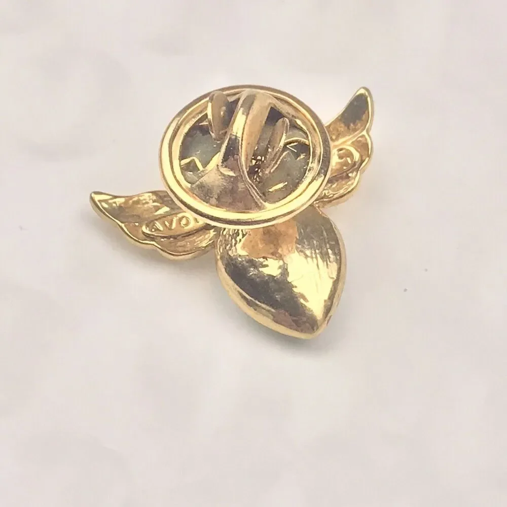 AVON Brooch Pin Small Gold Tone Jeweled Angel Wings Heart Vintage Ethereal